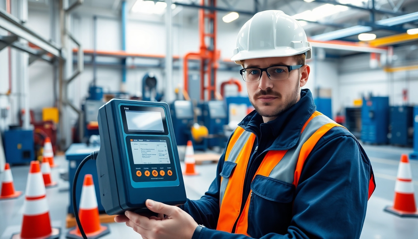 DGUV V3 Prüfung mit einem Techniker, der sicherheitsrelevante Tests in einer Industrieumgebung durchführt.