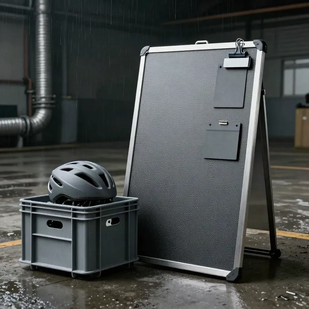 Carbon-Planungsboard mit Magneten, Helm und Rohrdämmung in einer nassen Industrieumgebung.
