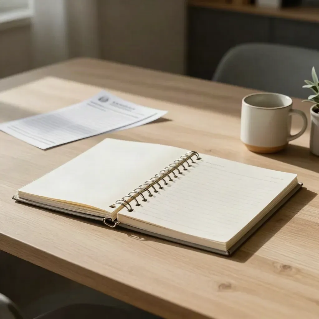 Offenes ESG-Startpaket mit Ordner, Register, Tasse und Pflanze auf hellem Tisch.