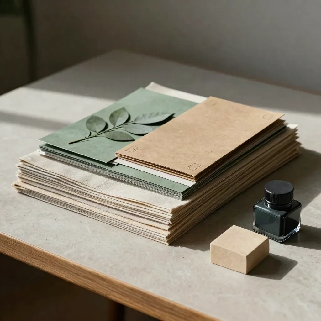Recycelte Musterpapiere, Leinen und Verpackungsmockups für nachhaltiges Branding auf einem Tisch.
