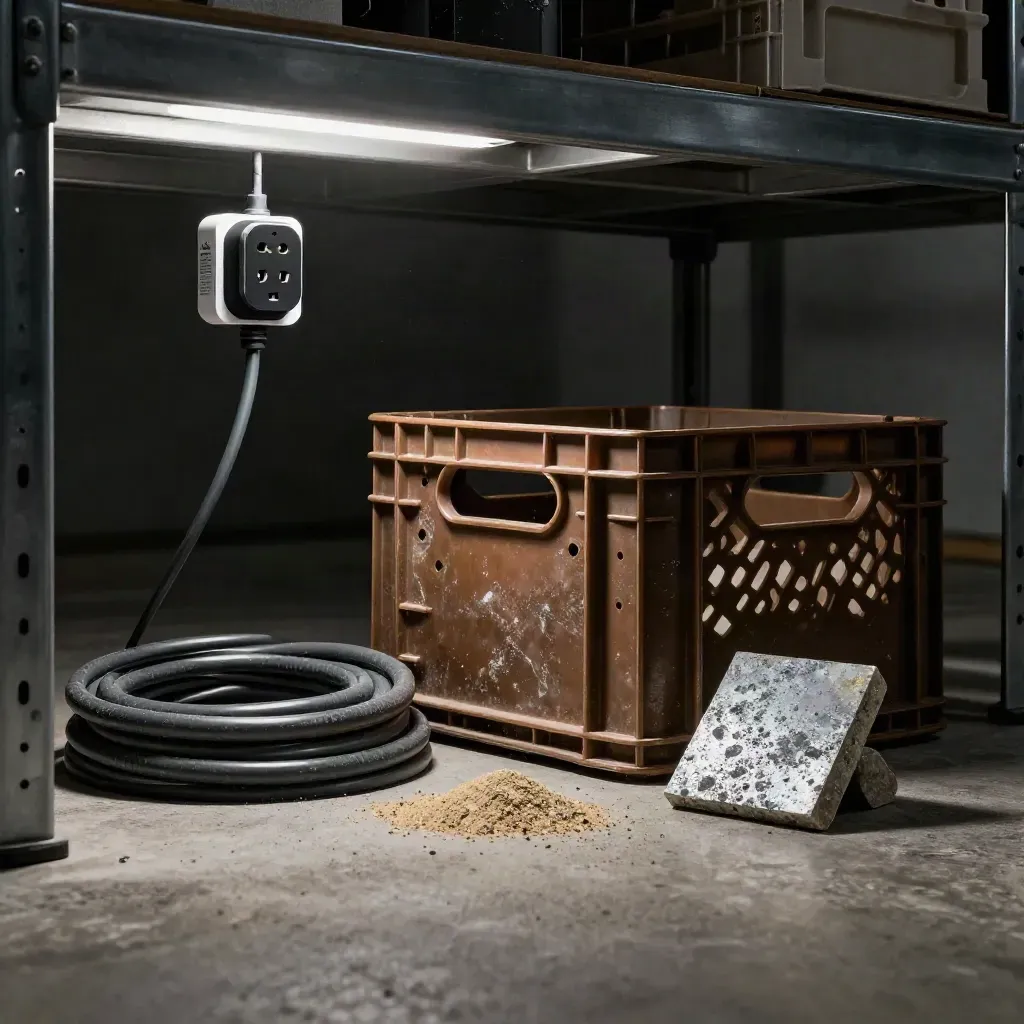 Unter Regal: Smart Plug, Kabel und Dämmprobe in dunklem Lagerlicht
