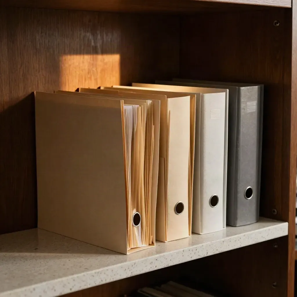 Ordner mit Registertabs in einer stillen Büroecke im warmen Nachmittagslicht