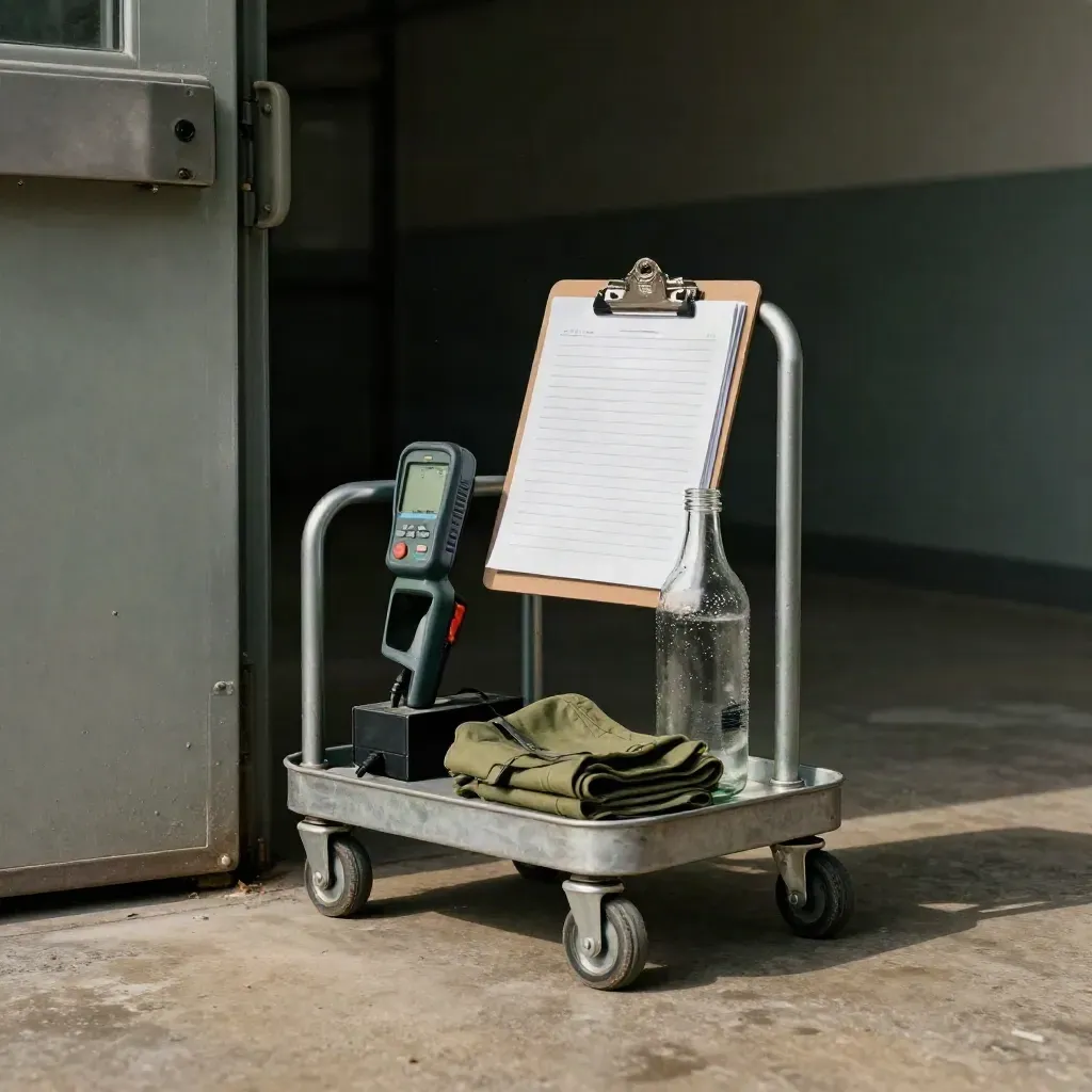 CO2-Prüfset neben einer Servicetür im Morgenlicht mit Messgerät, Steckleiste und Glasflasche.