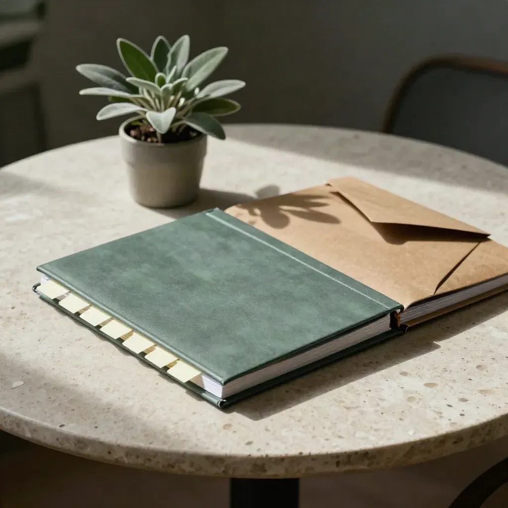 Starter-Kit für ESG: Binder, Tabs, Recycling-Umschlag und kleine Pflanze auf hellem Steintisch.