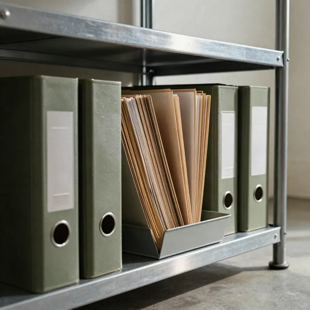 Archivmappe, Ordner und Trays auf Regal im sanften Licht, mit ruhiger Staubstimmung.