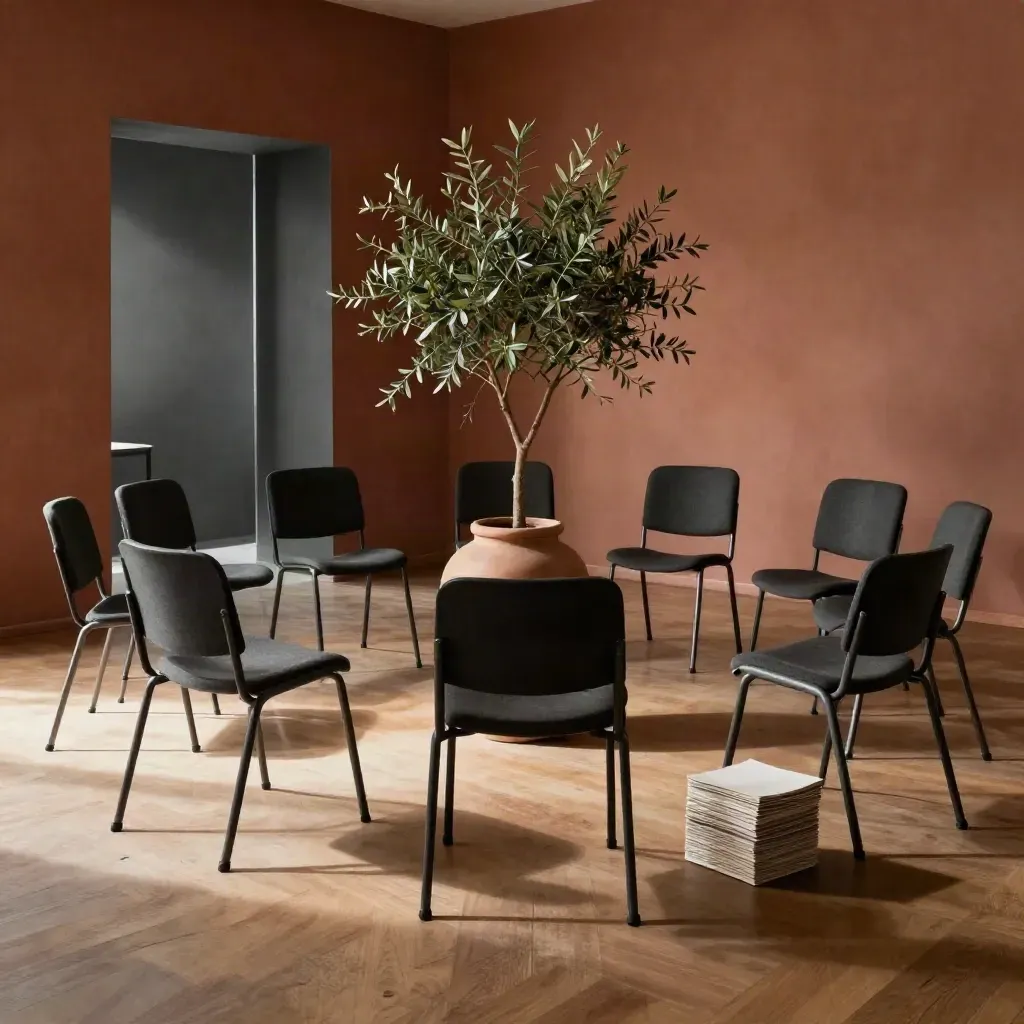 Leerer Workshopkreis mit Stühlen, Olivenbaum und Kartenstapel im warmen Abendlicht.