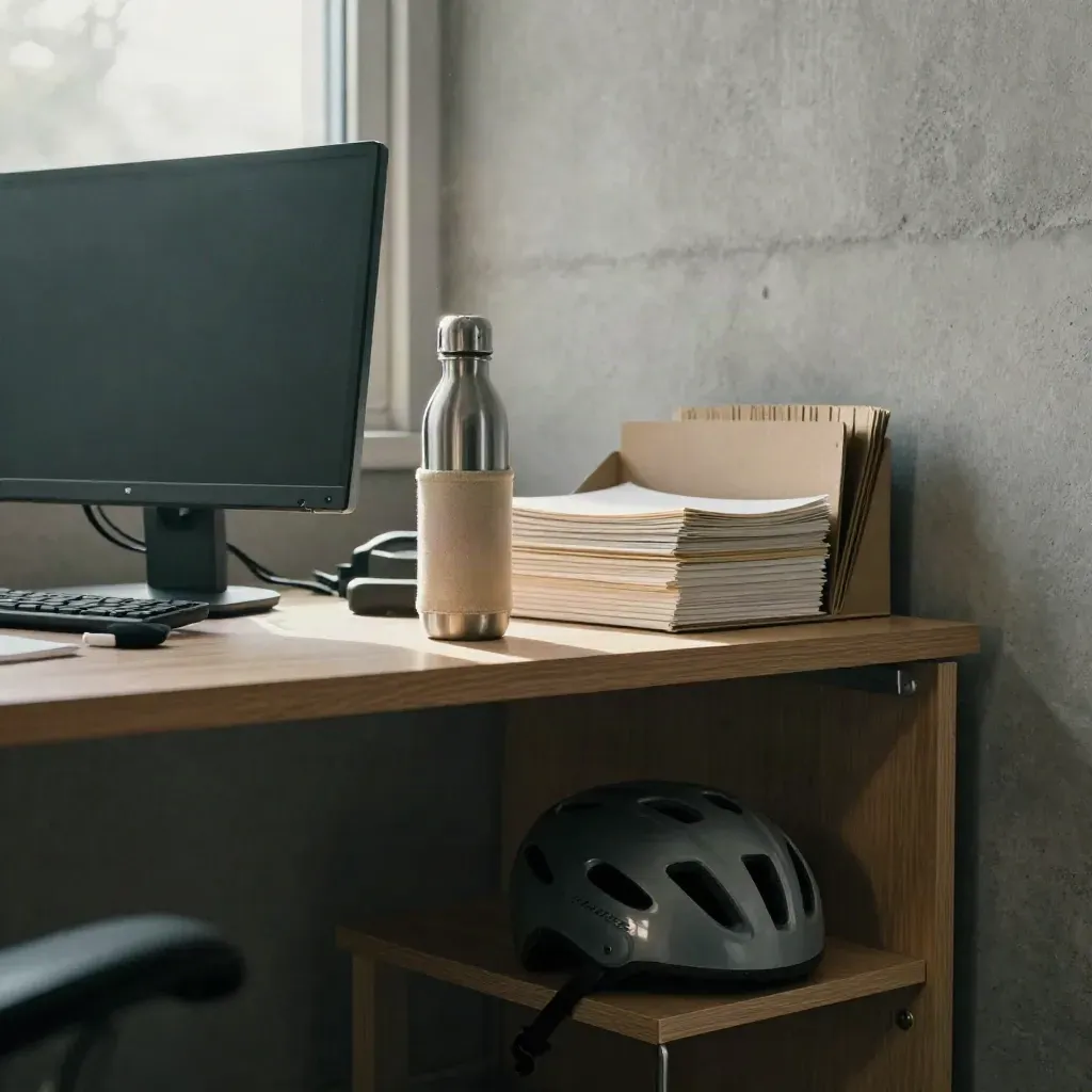 Büroecke mit ausgeschaltetem Monitor, Trinkflasche, Papierablage und Fahrradhelm im Morgenlicht