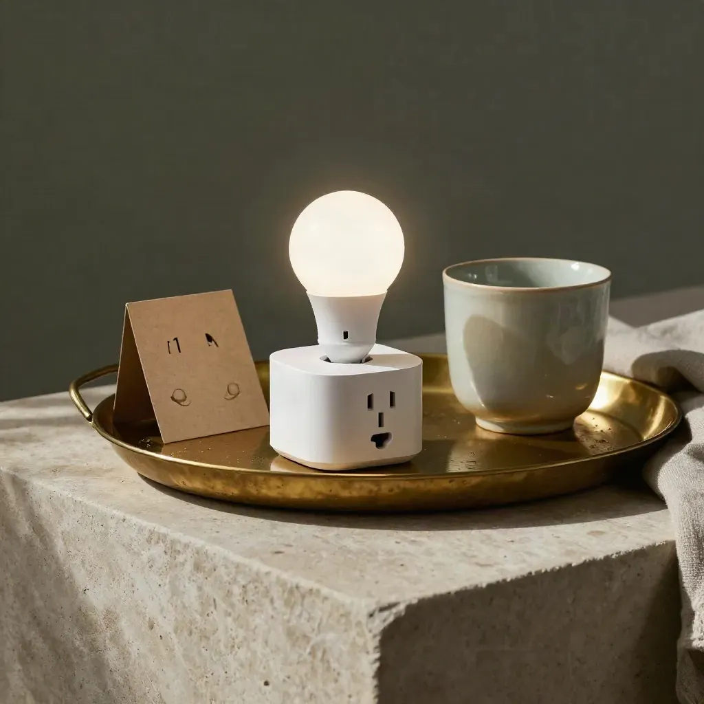 Brass-Tablett mit Smart Plug, LED-Lampe, Marker-Karte und Keramiktasse auf hellem Stein.