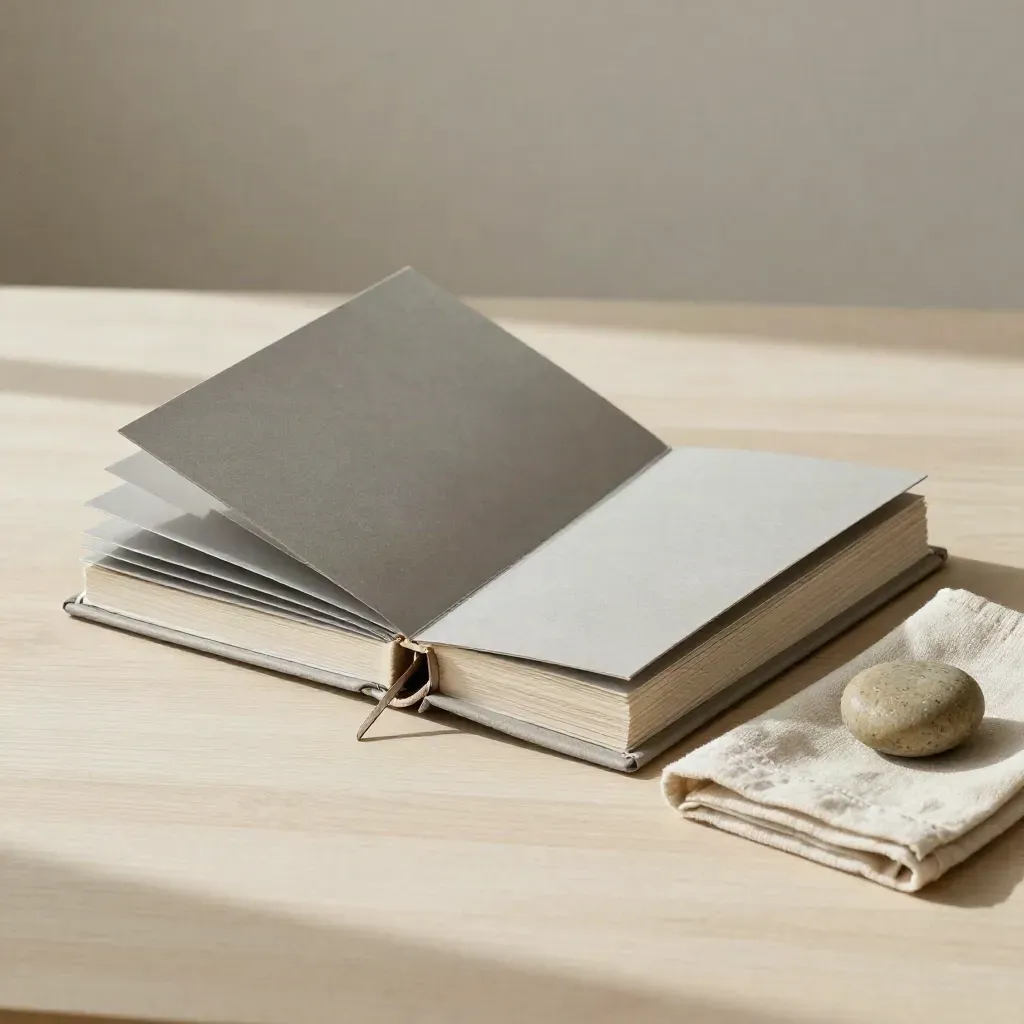 Binder für Nachhaltigkeitsbericht mit Stoffserviette und Stein auf hellem Holz