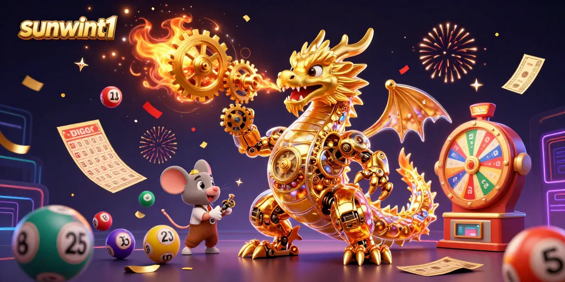 Join the excitement of sunwint1 with a dynamic casino scene showcasing a golden dragon and game elements.