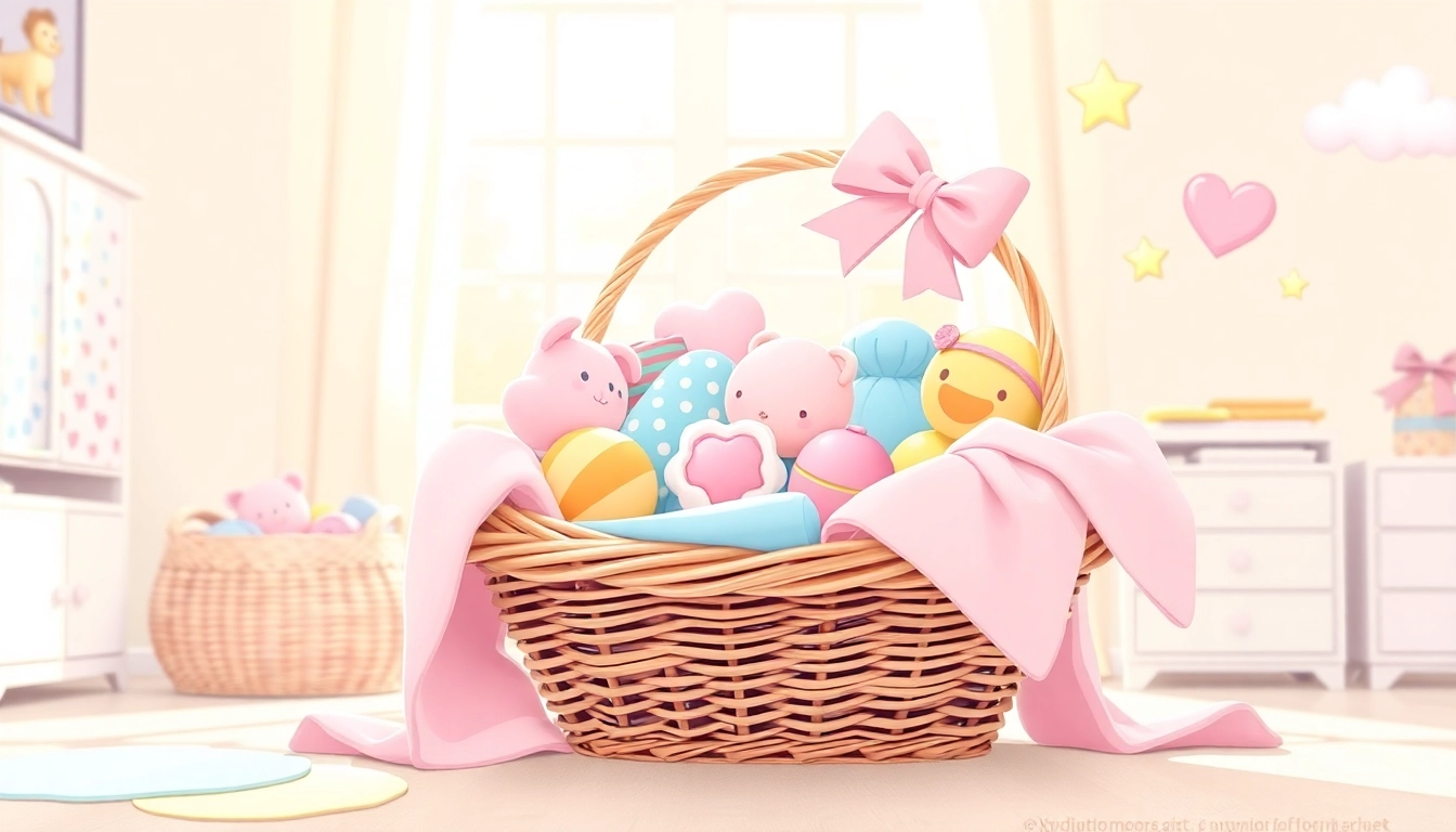 Gestaltung von Geschenkideen zur Geburt mit einem bunten Babygeschenkkorb voller Spielzeuge.