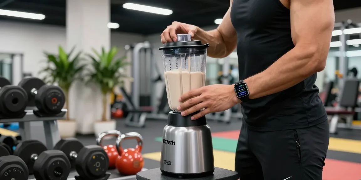 Mixing BioTech 100% Pure Whey 1000g in a blender at a modern gym, showcasing fitness dedication.
