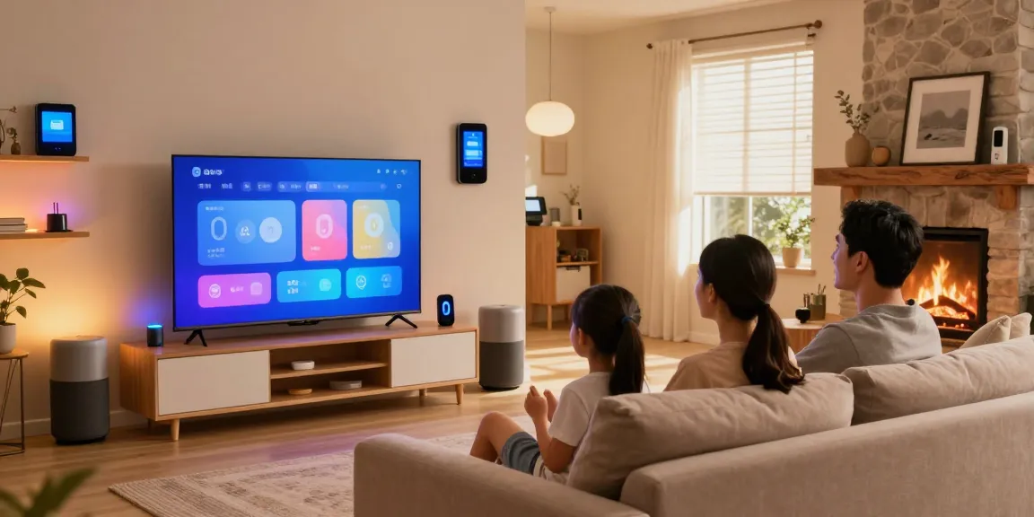 Smart Home Tipps for modern families enjoying movie night with voice-controlled devices and cozy atmosphere.