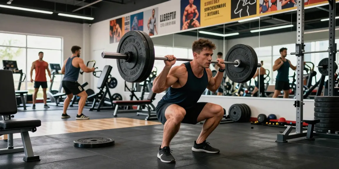 Anabolika Shop Deutschland, maßgeschneidert für Bodybuilding, zeigt einen entschlossenen Athleten, der im lebhaften Fitnessstudio Gewichte hebt.