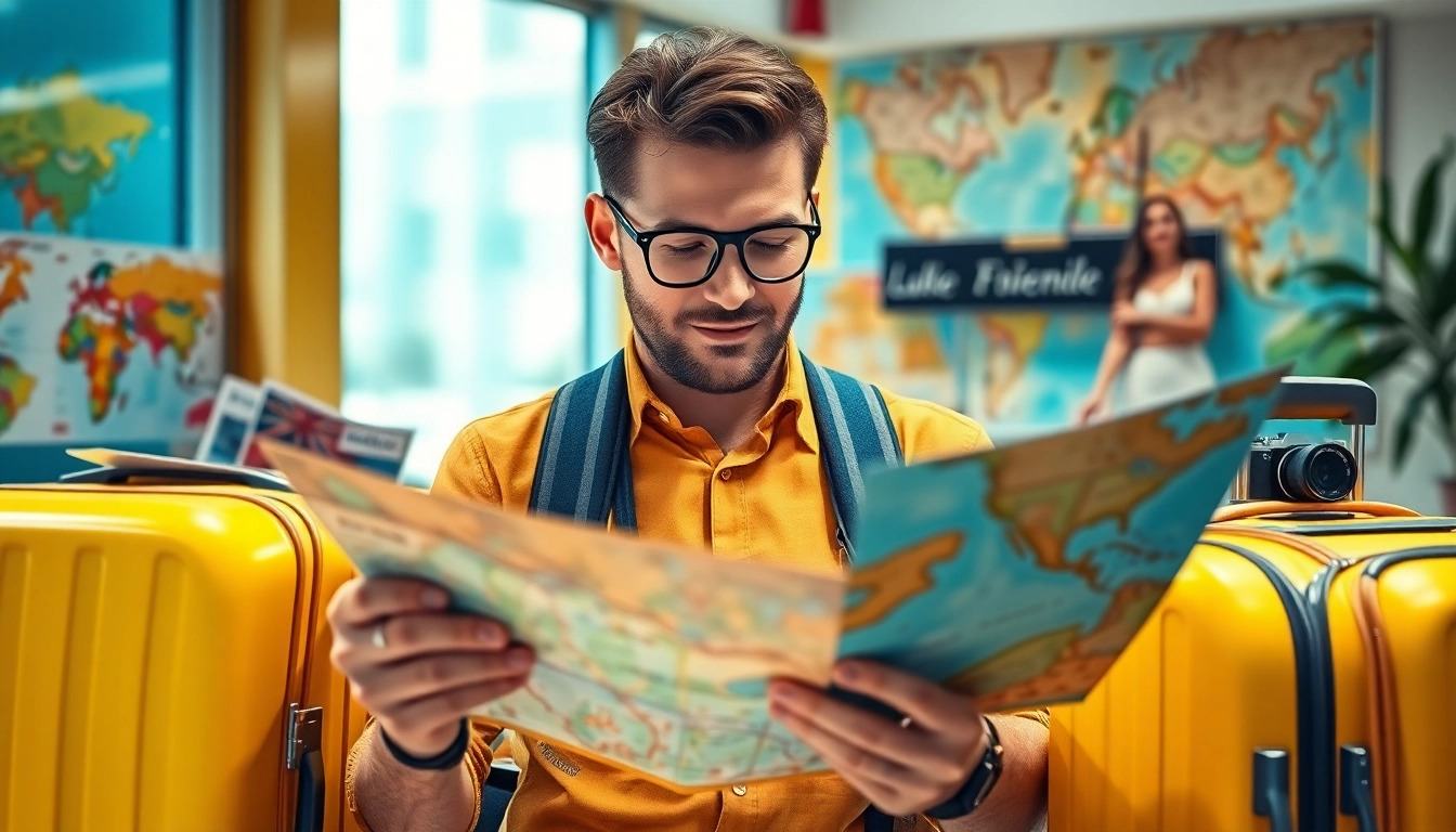 Fernreisen planen mit einem Reisenden, Karten und Koffern in einem lebhaften Reisezentrum.