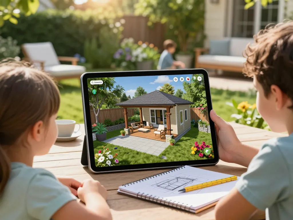 Visualisieren Sie Ihren Traum-Außenbereich mit dem innovativen Veranda 3D Konfigurator, der eine Familie zeigt, die eine maßgeschneiderte Veranda entwirft.