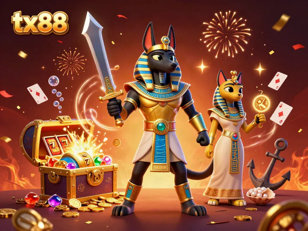 Experience casino excitement with tx88 in this vibrant, dynamic 3D scene featuring Anubis and Bastet.