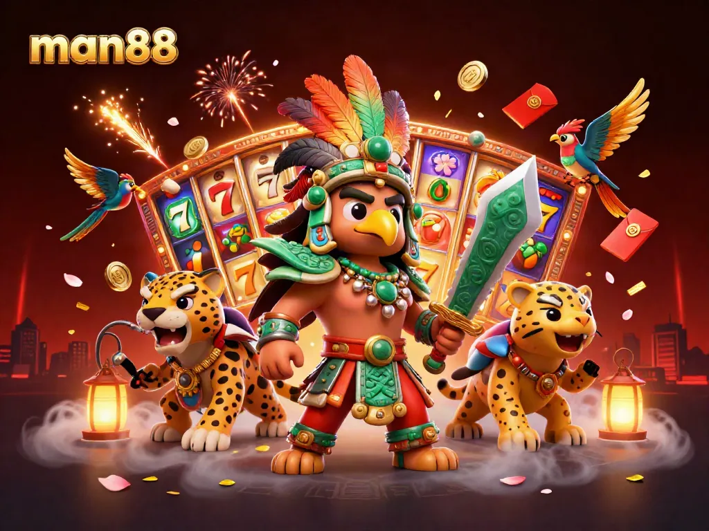 Engage in thrilling slot action with man88, featuring vibrant 3D Aztec characters in a dynamic casino setting.
