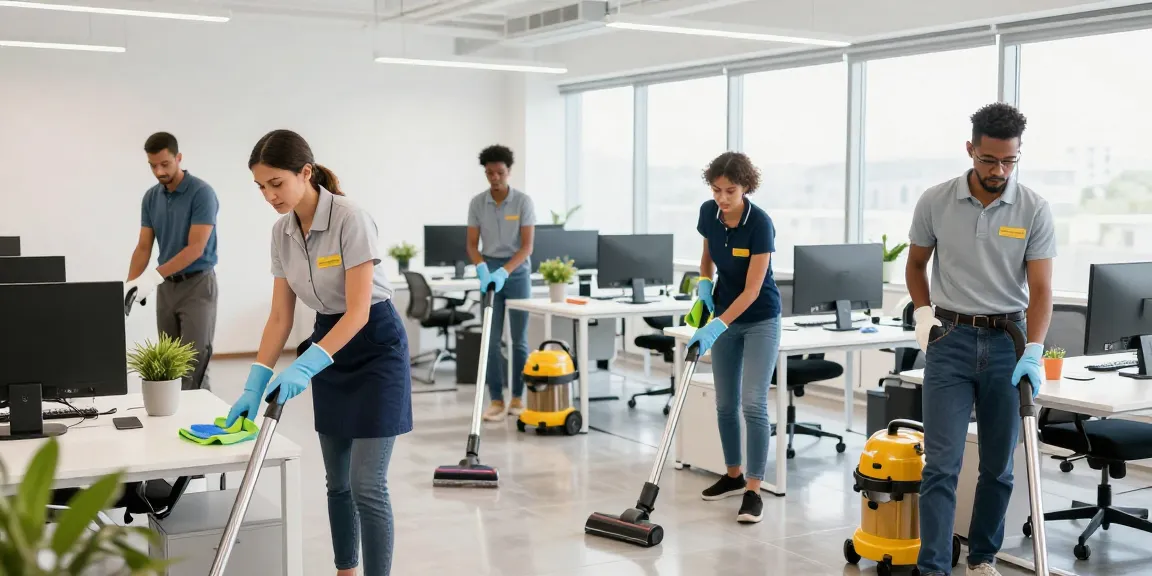 Professional cleaning team at work in modern office for gebaeudereinigung solothurn with bright, clean environment.