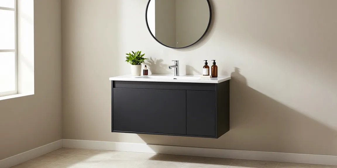 Stijlvol zwart badkamer kastje met moderne wastafel en accessoires in een elegante badkameromgeving