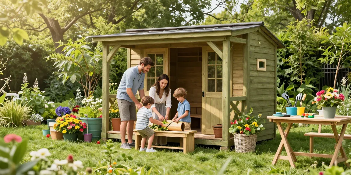 Modernes Gartenhaus Holz umgeben von einer blühenden Gartenlandschaft, Familie montiert Gartenmöbel.