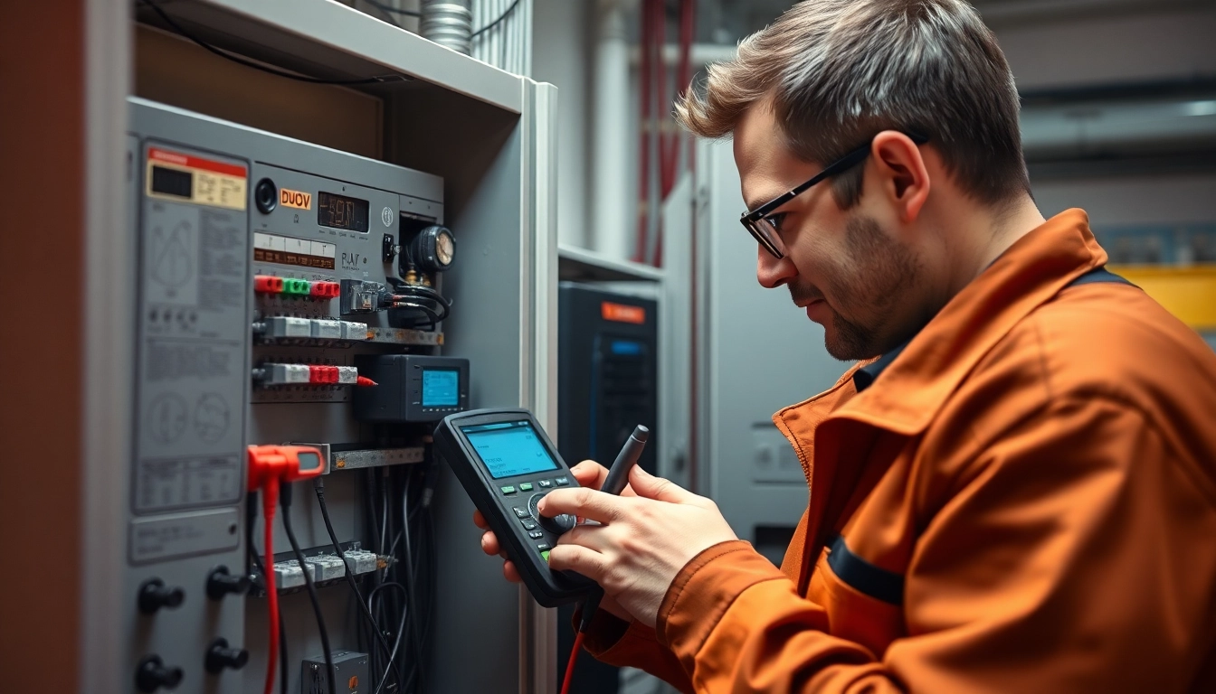 Technician conducting a DGUV V3 Prüfung to ensure electrical safety in a workplace.
