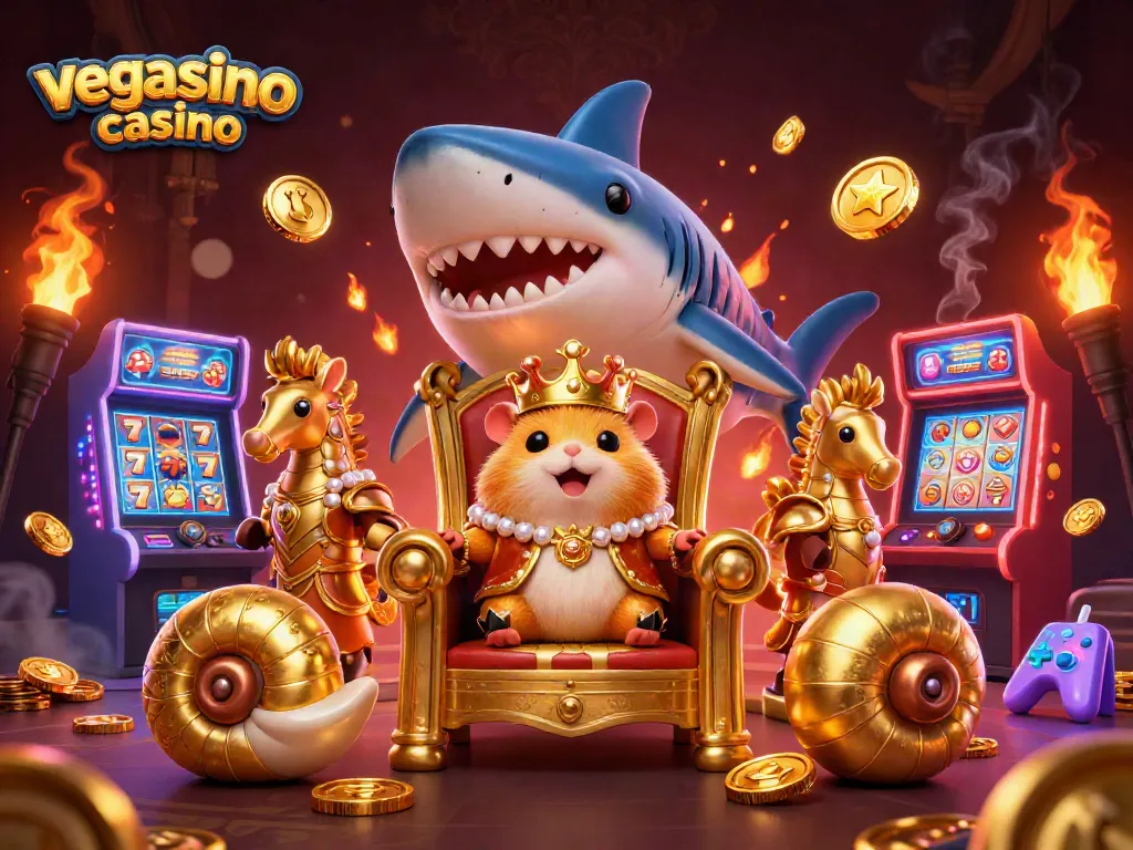 Experience the excitement of vegasino casino with a golden hamster king and vibrant slot machines.