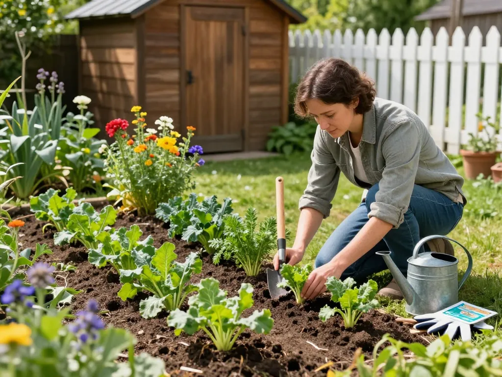 Lauchpflanzen being planted in a sunny garden by a gardener.