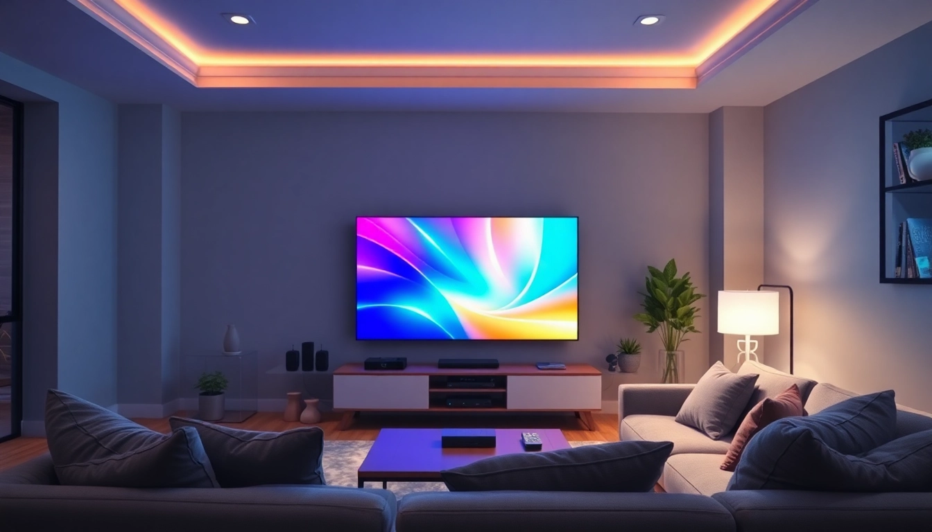 Genießen Sie IPTV 12 Monate in einem modernen Wohnzimmer mit stilvollem Fernsehsetup.