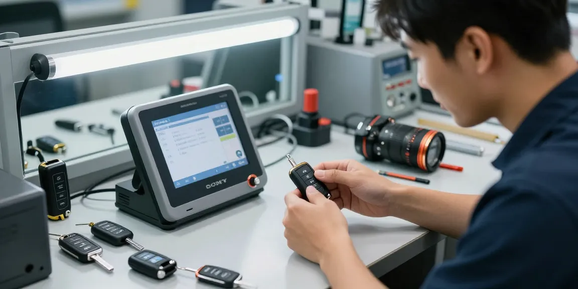 Verborgene Gefahren: Techniker programmiert Autoschlüssel in einer modernen Werkstatt