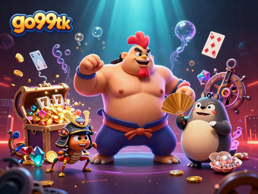 Experience thrilling wins at go99tk with an exciting 3D illustration of a rooster sumo wrestler and colorful slots.