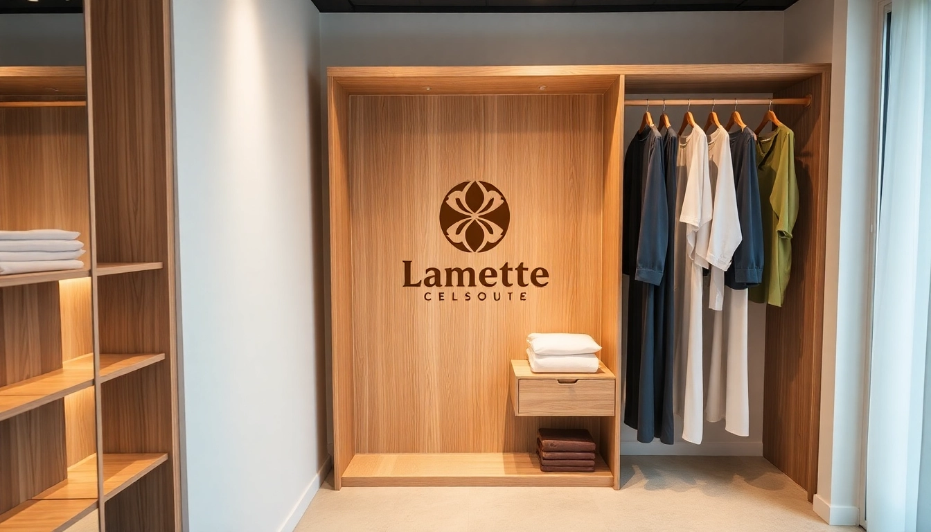 Kleiderbügel mit eigenem Logo aus hochwertigem Holz, stilvoll präsentiert in einem modernen Boutique-Umfeld.