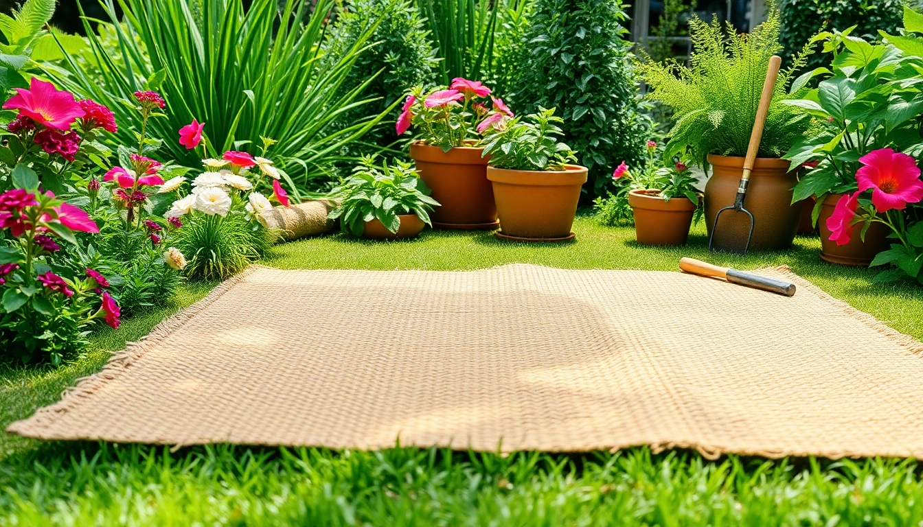 Hanfmatte als dekorativer Bestandteil in einem blühenden Garten präsentieren.