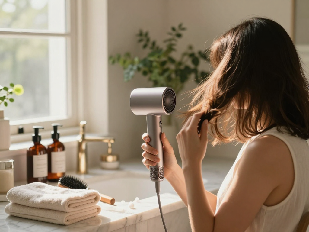 Woman styling hair with a mini hair dryer in a luxurious bathroom.