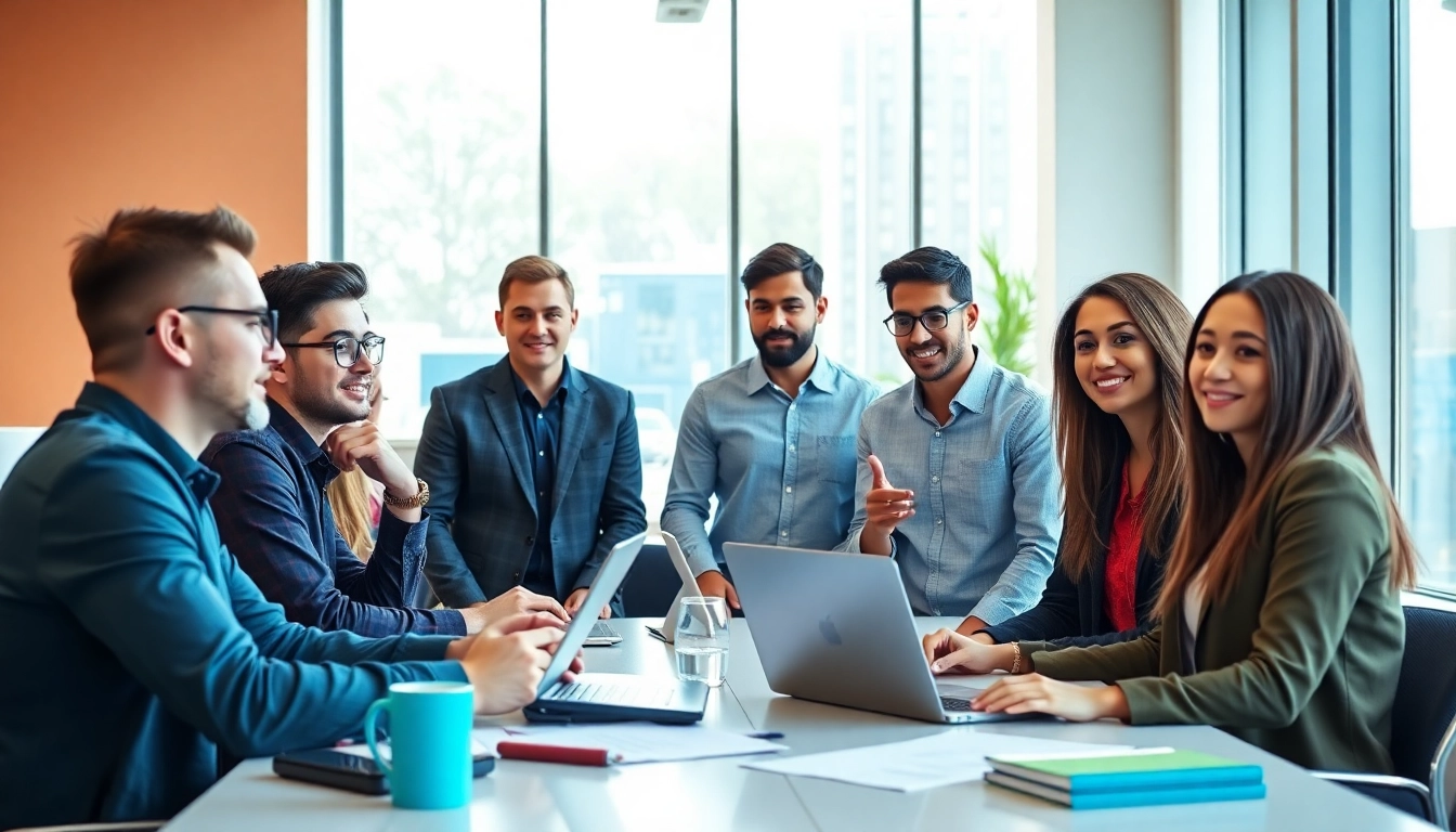 Engaging team collaborates on a social-media-marketingstrategie in a bright office setting.