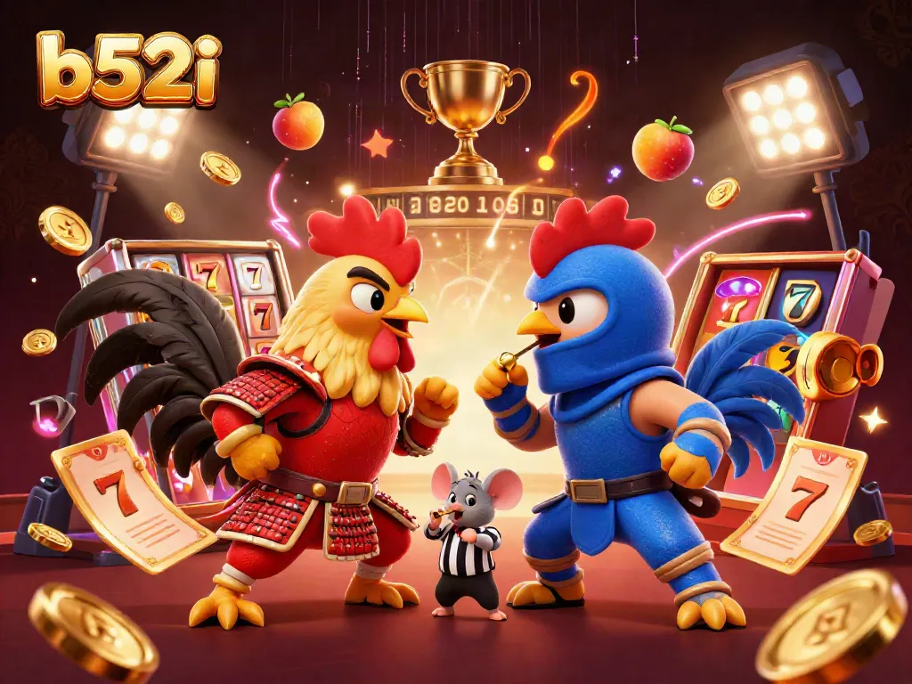 Experience the thrill of b52i with roosters battling in a vibrant casino-inspired showdown.