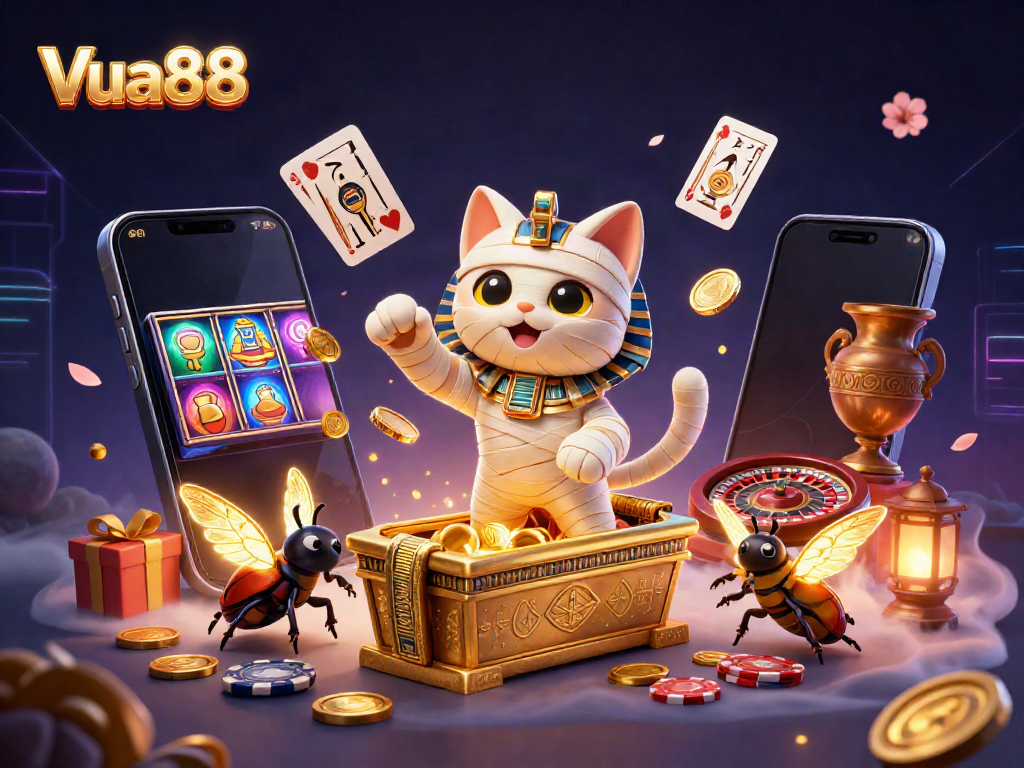 Experience the vibrant Vua88 casino with a dynamic scene of an Egyptian mummy cat and glowing scarab amidst rich gambling elements.