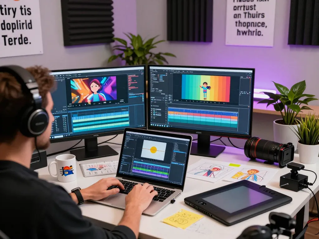 Creative professional using motion control software in dynamic video editing studio