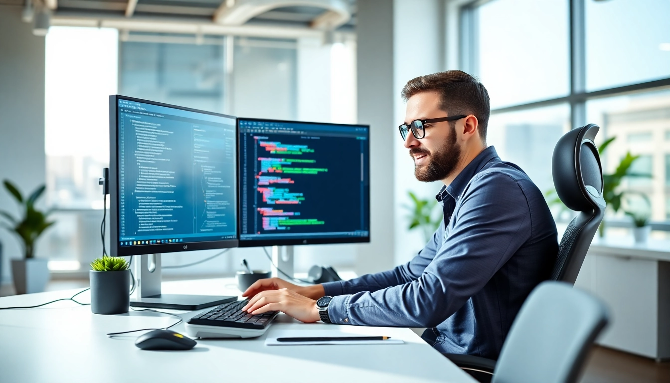 Der Shopware Entwickler arbeitet konzentriert an einem E-Commerce-Projekt in einem modernen Büro.