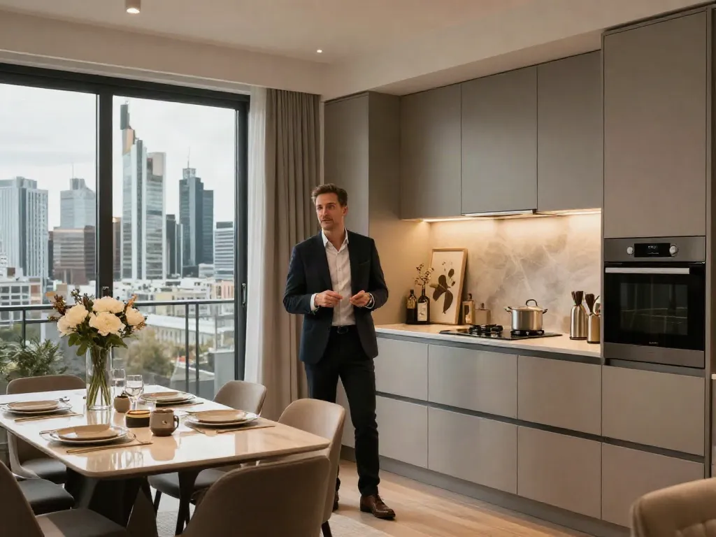Bester Immobilienmakler Frankfurt zeigt luxuriöse Wohnung mit modernem Design und Frankfurt Skyline.