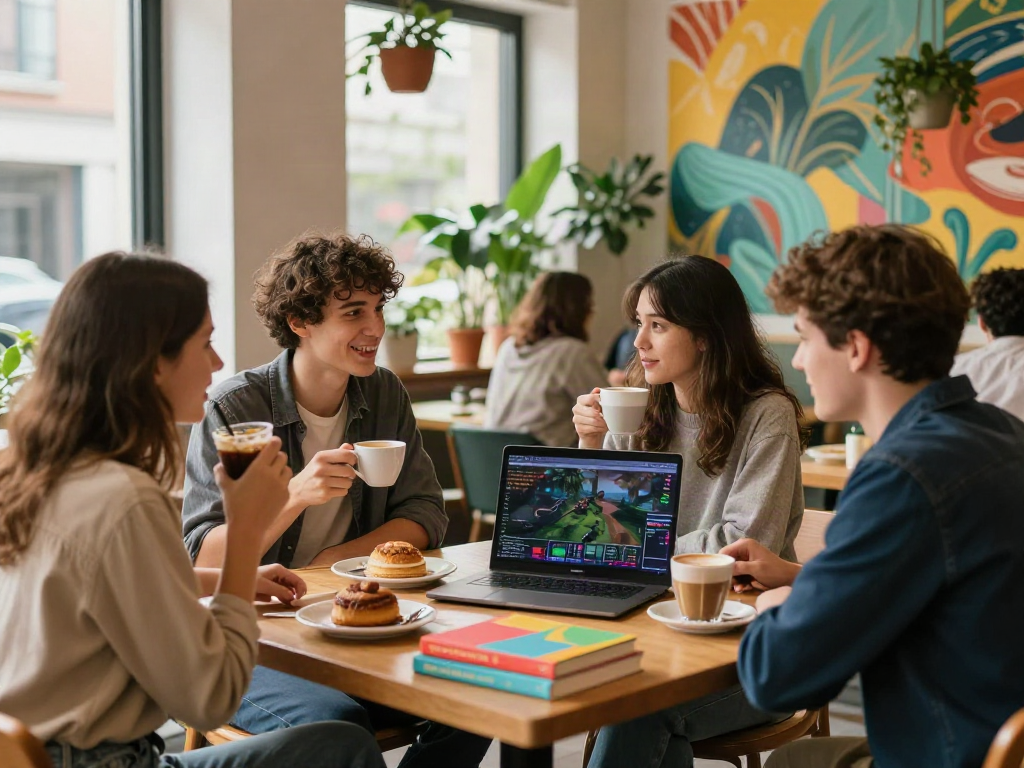 Engaging cafe scene with friends enjoying rokok88 coffee and pastries