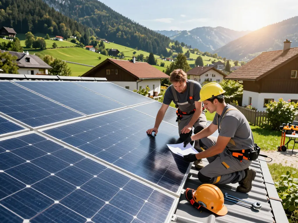 Photovoltaik Bayern Installation in einem bayerischen Garten mit Technikern und Solarpanelen im Sonnenlicht.