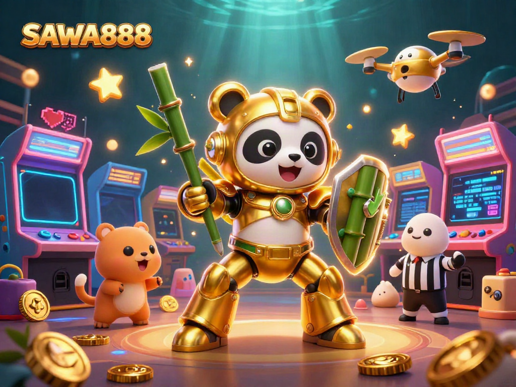 Experience vibrant gameplay in SAWA888 as a golden panda pilot combats in a dynamic gaming arena filled with colorful arcade elements.