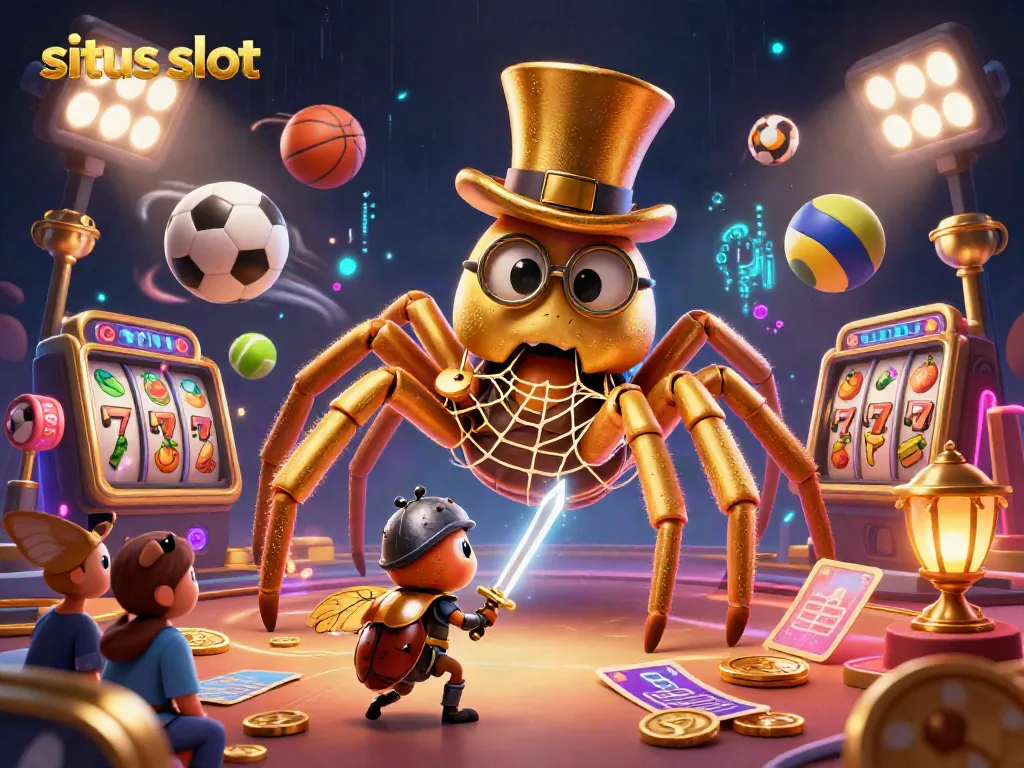 Catch the excitement of playing situs slot as our giant golden tarantula weaves a jackpot web in a bustling casino scene.