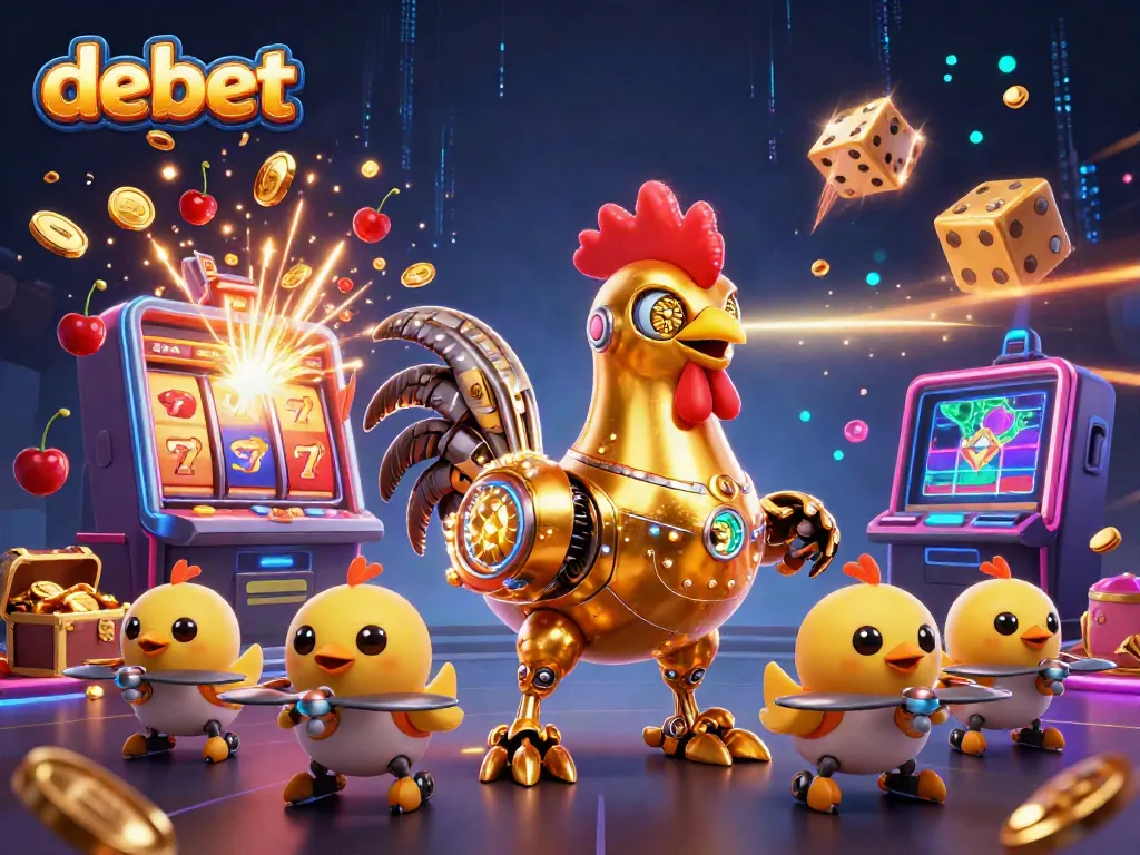 Experience the excitement of debet with a golden rooster robot and baby chick drones surrounded by jackpot elements