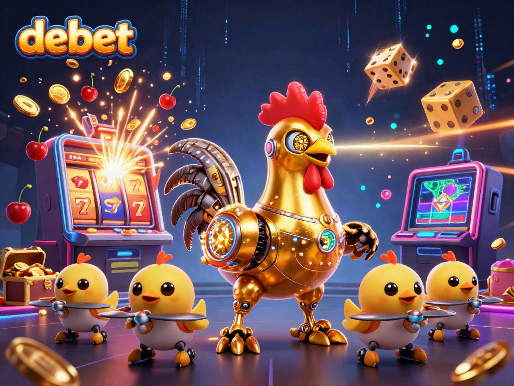 Experience the excitement of debet with a golden rooster robot and baby chick drones surrounded by jackpot elements