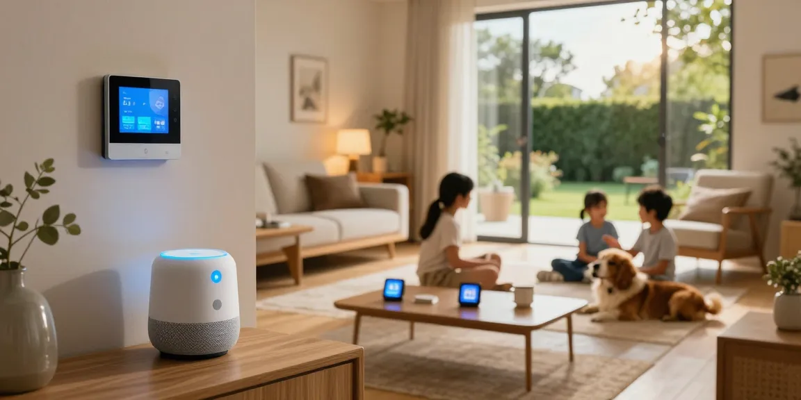 Family enjoying Smart Home Tipps with smart devices in a cozy living room.