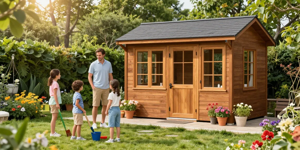 Gartenhaus kaufen: Familie genießt Zeit im Garten mit neuem Gartenhaus