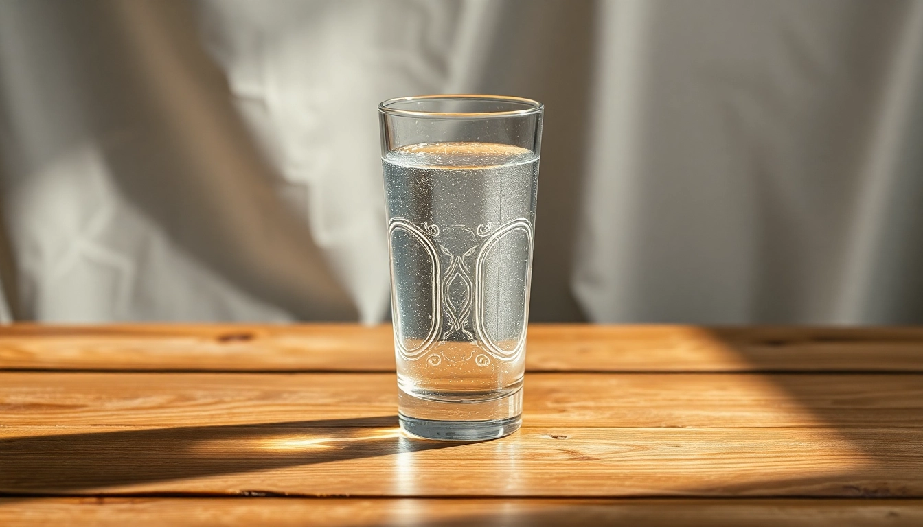 Silberwasser in einem glasigen Behälter auf einem Holztisch mit natürlicher Beleuchtung und dekorativen Elementen.