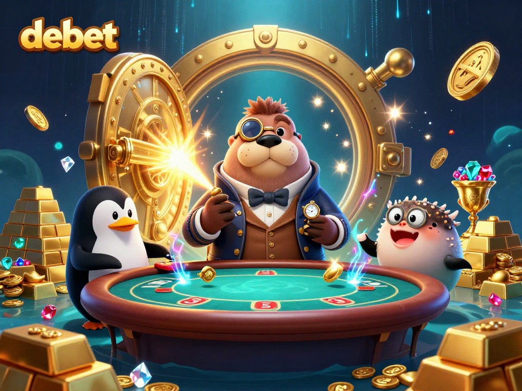 Join the excitement at DEBET with a jolly walrus playing poker, surrounded by gold and gems.